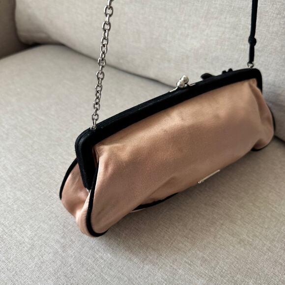 Prada Satin Shoulder Bag Clutch Pink Peach Black Floral Charm Kiss Lock FLAW - Picture 4 of 7